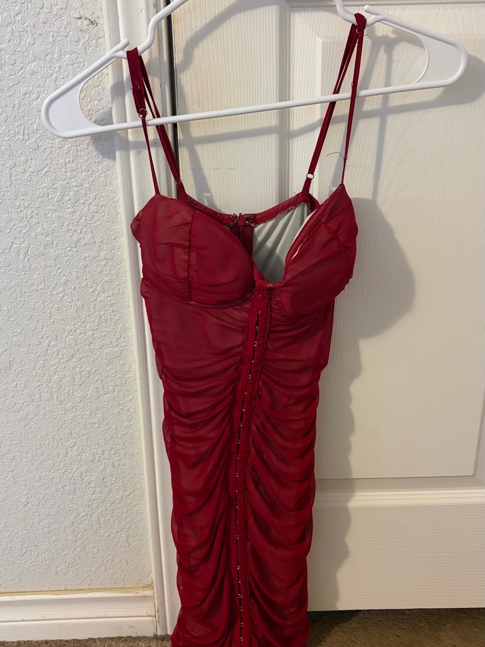 Red Ruched Mesh Bodycon Dress with Adjustable Straps